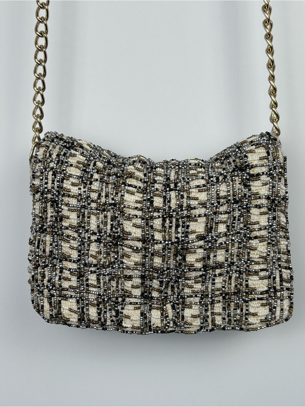 Zara Beaded Tweed Crossbody Bag Cream Black Gold Chain Shoulder Purse